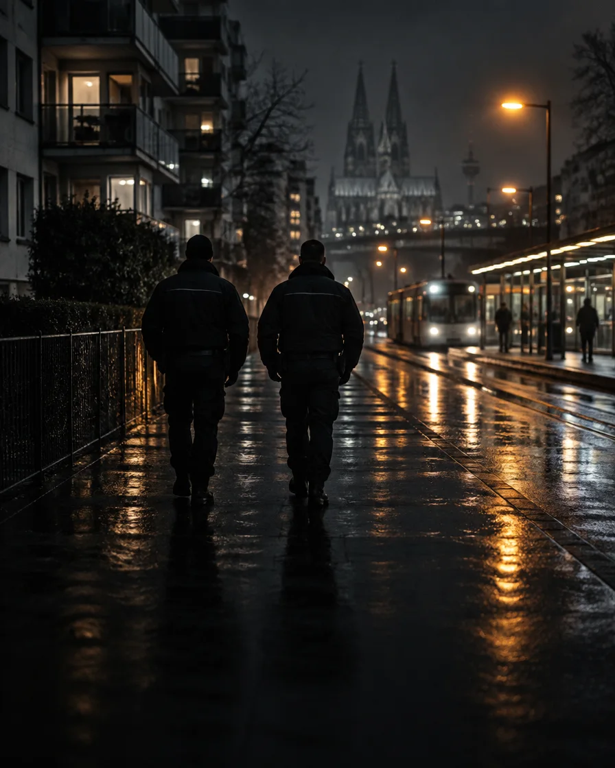 Zwei Sicherheitskräfte auf nächtlichem Rundgang in einem Kölner Wohnquartier, im Hintergrund der Dom